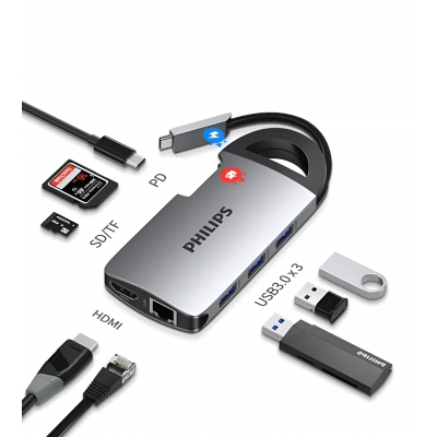 Philips 8-in-1 USB-C Hub, 3*USB 3.0/HDMI/RJ-45/SD/TF/PD, Docking Station, SWR1606A