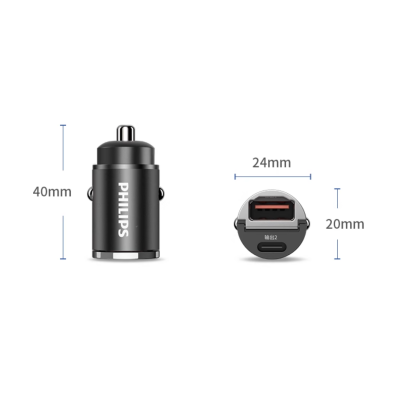 Philips PD45W Car Charger, USB/Type-C with Fast Charging, DLP4316B/93