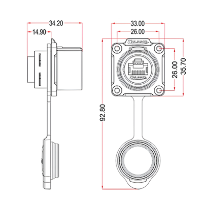 Герметичний роз'єм Cnlinko RJ-45 IP67, LP-24-J/RJ45/213/SX-43-401 панельна розетка